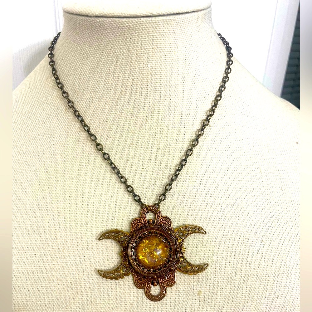 Vintage Goddess of the First Harvest Triple Moon Necklace with Golden Glass Opal